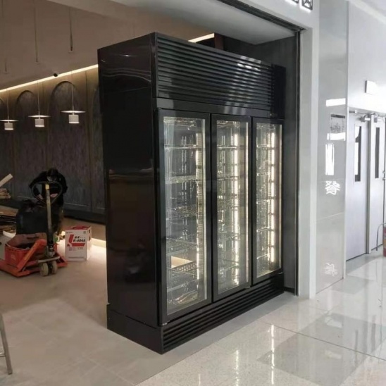 Tres de la puerta de vidrio de acero inoxidable negro de carne de gabinete de la pantalla 