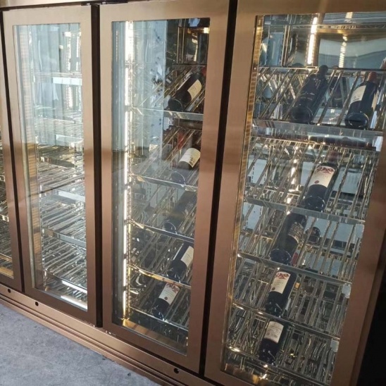 Personalizado de temperatura dual de doble propósito en oro rosa de cuatro puertas de cristal de la pantalla del congelador 