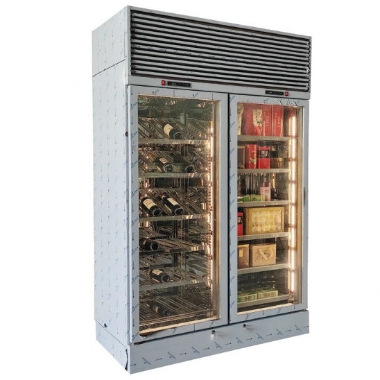 Refrigerador de exhibición de té y vino tinto de dos puertas de vidrio de doble temperatura personalizado 