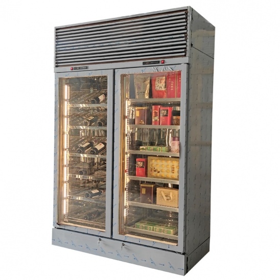 Refrigerador de exhibición de té y vino tinto de dos puertas de vidrio de doble temperatura personalizado 