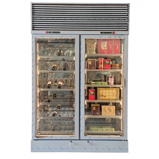 Refrigerador de exhibición de té y vino tinto de dos puertas de vidrio de doble temperatura personalizado 